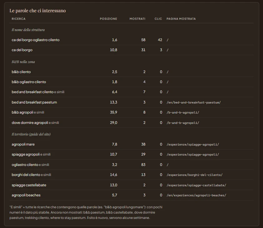 Report delle ricerche Google di Ca' del Borgo: posizione, impressioni, clic e pagina mostrata